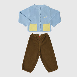 CARDIGAN WITH CONTRAST COLOR POCKETS + CORDUROY BALLOON PANTS