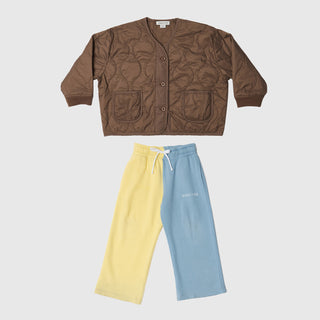 LICHT GEVOERDE KIMONO JAS MET STIKSELEN + TWEEKLEURIGE RECHTE LEGGINGS