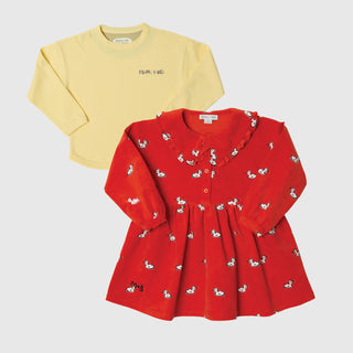 PATROONDE CORDUROY JURK MET EEN KRAAG Rood + ZWARE RAINBOW T-SHIRT